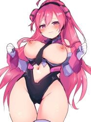 blush clenched_hand closed_mouth embarrassed exposed_breasts large_breasts large_thighs nervous nervous_sweat nipples rasis slender_waist sound_voltex sweatdrop thick_thighs wide_hips