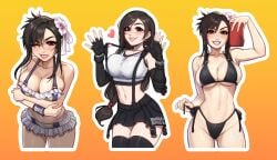 1girls abs artist_name bikini black_bikini black_gloves black_hair black_skirt black_thighhighs blush blushypixy blushyspicy breast_focus breasts brown_eyes cleavage female final_fantasy final_fantasy_vii final_fantasy_vii_rebirth final_fantasy_vii_remake flower frilled_bikini frills gloves hair_flower hair_ornament highleg highleg_bikini highres large_breasts long_hair looking_at_viewer navel official_alternate_costume official_alternate_hairstyle parted_lips phone sideboob simple_background skirt smile stomach string_bikini suspender_skirt suspenders swimsuit taking_picture tank_top thick_thighs thighhighs thighs thong_bikini tifa_lockhart underboob white_tank_top