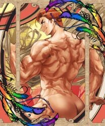 1boy art_nouveau artistic_nude ass_cleavage back_muscles back_view bara beefy big_ass bubble_butt completely_nude curves czech_text hi_res holding_object looking_back male male_only muscles muscular muscular_arms muscular_ass muscular_back muscular_legs muscular_male muscular_thighs orange_hair original original_character rainbow shina_(mjaldrarland) short_hair smile text thick_arms thick_ass