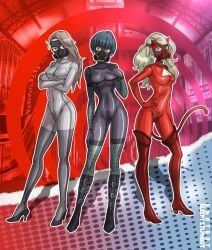 3girls ann_takamaki black_bodysuit black_hair blonde_hair blue_eyes bodysuit breasts brown_eyes choker crotch_zipper fake_tail gas_mask grey_bodysuit grey_hair hand_on_hip high_heel_boots high_heels large_breasts long_hair looking_at_viewer persona persona_5 red_bodysuit red_eyes sae_niijima short_hair sleepystephbot tae_takemi tail thighhigh_boots twintails zipper zipper_pull_tab