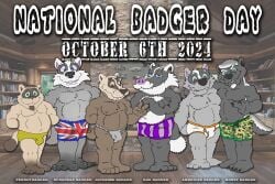 2024 anthro asian_clothing basil_(brucebadger) black_body black_fur blue_eyes boxers_(clothing) boxers_only briefs briefs_only brown_body brown_eyes brown_fur brown_nose bruce_(brucebadger) brucebadger bulge camo_boxers claws clothed clothing cole_ratel colored_seam_briefs crossed_arms detailed_bulge east_asian_clothing english_text facial_hair fireplace fundoshi fundoshi_only fur genital_outline goatee green_eyes grey_body grey_clothing grey_fundoshi grey_fur grey_underwear group hair inside jake_brock japanese_clothing library male musclegut muscular national_badger_day open_mouth orange_seam_briefs overweight overweight_male penis_outline sharp_teeth shogi_anakuma smile tan_body tan_fur teeth text tighty_whities topless underwear underwear_only union_jack union_jack_boxers wang_(brucebadger) white_body white_briefs white_clothing white_fur white_hair white_text white_underwear window yellow_briefs yellow_clothing yellow_underwear