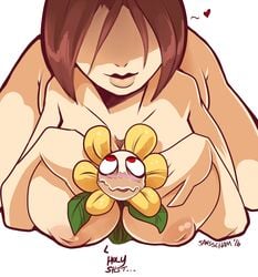 2016 areola asriel_dreemurr big_breasts blush breasts chara duo english_text female flora_fauna flower flowey_the_flower hair hi_res human inverted_nipples kayla-na male mammal nipples nude plant simple_background smile straight text undertale video_games