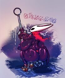 anthro arthropod ass big_breasts big_butt black_body black_eyes bodily_fluids breasts breath clothed clothing coin female gem gold_(metal) hi_res hollow_knight hornet_(hollow_knight) huge_breasts huge_butt humanoid mask nipples sitting solo sweat team_cherry thong topless torn_clothing underwear weapon wolflance