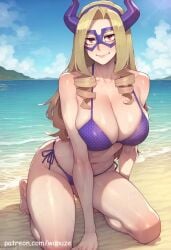 ai_generated beach big_ass big_breasts big_butt big_thighs bikini blonde_hair blush boku_no_hero_academia breasts cleavage female female_focus female_only huge_ass huge_butt huge_thighs mask medium_breasts mount_lady my_hero_academia outdoors swimsuit thighs wanuze wide_hips yuu_takeyama