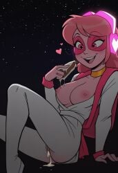 ai_generated breasts choker cum eating exposed_breasts happy headphones heart heart_symbol miss_heed_(villainous) outer_space pink_body pink_hair space spacesuit star villainous