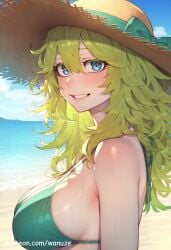 ai_generated beach big_ass big_breasts big_butt big_thighs bikini blue_eyes blush boku_no_hero_academia breasts cleavage female female_focus female_only green_hair hat huge_ass huge_butt huge_thighs medium_breasts multicolored_hair my_hero_academia outdoors swimsuit tooru_hagakure wanuze wide_hips