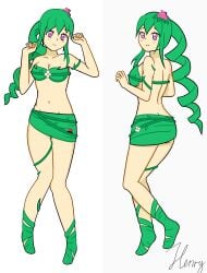 blush bra breasts dakimakura drill_hair dryad dryad_(terraria) female female_only flower_in_hair green_hair henryauyong highres looking_at_viewer midriff purple_eyes simple_background skirt slim_waist smile solo terraria thehallowunderground vines