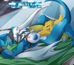 2016 agumon anthro anthro_on_feral areola bed big_areola big_breasts blindfold blue_nipples blue_scales blue_tongue bondage bound breasts bruise claws cunnilingus digimon english_text exveemon female feral genderswap inside lying membranous_wings nipples nude on_back on_bed open_mouth oral orange_scales penetration scales sex suddenhack teeth text toe_claws vaginal_penetration white_claws wings wounded yuri