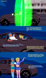 2girls 3d blonde_hair blue_hair car english_text female francine_investa koikatsu oc original original_character portal portal_(object) shrinking shrunken_female tethys_portera text unaware underwear xavierhuge