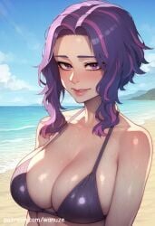 ai_generated beach big_ass big_breasts big_butt big_thighs bikini blush boku_no_hero_academia huge_ass huge_butt huge_thighs lady_nagant medium_breasts my_hero_academia outdoors purple_eyes purple_hair swimsuit wanuze wide_hips