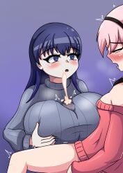 1futa 1girls black_hairband blue_hair blue_sweater blush closed_eyes clothed_paizuri cum ejaculation female_on_futa futanari hairband huge_breasts iyowa_girls long_hair makiri_(iyowa) mercy_killing_(vocaloid) muko_(iyowa) muko_no_anata_(vocaloid) mv_character open_mouth paizuri paizuri_under_clothes pink_hair pink_sweater redleaf64 short_hair sweater vocaloid yellow_eyes yuri