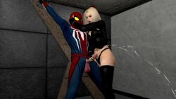 black_clothing black_corset black_fingerless_gloves black_jacket black_panties blonde_hair blue_eyes blue_lipstick bondage bound_wrists captured corset cumshot dominant_female domination emma_frost fingerless_gloves geek_gump handjob makeup male marvel marvel_comics penis spider-man spider-man_(series) submissive submissive_male white_queen x-men