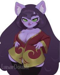 female green_eyes league_of_legends long_hair lulu_the_fae_sorceress lunardoubleeclipse purple_body robe smile thick_thighs thighhighs yordle