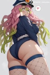 2024 ai_generated ass ass_focus big_ass big_breasts blush demon_slayer fishnets green_eyes kanroji_mitsuri kimetsu_no_yaiba long_hair minusleto multicolored_hair police_uniform stable_diffusion stockings sweat