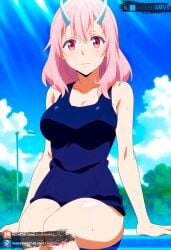 ai_generated blush curvy curvy_figure female female_only horns juanpiamvs long_hair looking_at_viewer medium_breasts patreon patreon_username pink_eyes pink_hair pool poolside school_swimsuit shuna_(tensei_shitara_slime_datta_ken) sitting subscribestar subscribestar_username sweatdrop tensei_shitara_slime_datta_ken watermark