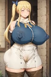 absoluteai ai_generated anime blonde_female blonde_hair breasts_bigger_than_head busty fairy_tail huge_ass huge_breasts kunaboto_(style) lucy_heartfilia milf pubic_hair smile stockings white_scarf white_skin white_skirt