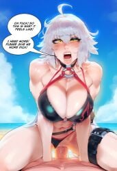 1boy 1girls abs ai_generated bare_arms bare_legs bare_shoulders bare_thighs beach big_breasts big_penis bikini bikini_bottom bikini_top cock_crazy cock_hungry color english_text fate_(series) female fit_female fucked_into_submission hi_res horny_female insatiable jeanne_alter large_breasts light-skinned_female light_skin looking_pleasured loud_sex male male/female male_penetrating muscles muscular muscular_female muscular_male partial_male penetration penile_penetration penis_in_pussy pleasure_face sand sex short_hair tagme text text_bubble thick_thighs vaginal_penetration white_hair yellow_eyes yelua