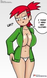 bankaipacay big_breasts blush breasts confused confusion foster's_home_for_imaginary_friends frankie_foster green_jacket no_bra red_hair thick_thighs white_panties