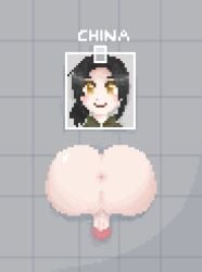 androgynous ass ass_focus asshole axis_powers_hetalia china_(hetalia) dick free_use hetalia male_only masterbootyjiggler mbj picture_on_wall pixel_art stuck_in_wall tape wang_yao yaoi