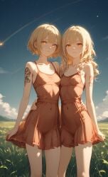 2girls ai_generated bangs blonde_hair covered_nipples dress female identical_twins navel nose_piercing original_character pale_skin petite red_eyes see-through see-through_clothing septum_piercing skinny small_breasts tattoo translucent_clothing twins