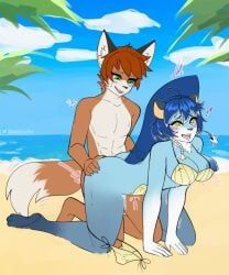 anthro beach_sex breasts canid canine doggy_style duo female fox from_behind_position generation_5_pokemon heterochromia iwaiz looking_pleasured male male/female mammal minatsu_(boredomtool) nintendo one_breast_out oshawott pokemon pokemon_(species) sex