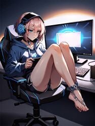 ai_generated foot_fetish gamer_girl gaming_chair headphones hoodie panties