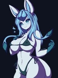 2024 3:4 absurd_res anthro aquakey big_breasts blue_body blush bodily_fluids breasts canid canine clothed clothing digital_media_(artwork) eeveelution female fur furry generation_4_pokemon glaceon hair hi_res looking_at_viewer mammal nintendo nipples pokemon pokemon_(species) simple_background solo white_body white_fur