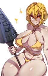 1girls bare_shoulders bikini blonde_hair breast_squish breasts busty cleavage don_quixote_(limbus_company) female hair_between_eyes holding_weapon huge_breasts lance large_breasts light-skinned_female light_skin limbus_company looking_at_viewer project_moon renata11033 shiny_skin short_hair skindentation smile solo swimsuit thick_thighs thighs weapon white_background yellow_eyes yellow_swimsuit