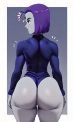 ass dc dc_comics forehead_gem grey_skin leotard lustylewdz purple_hair purple_leotard raven_(dc) showing_off_ass standing thick_ass