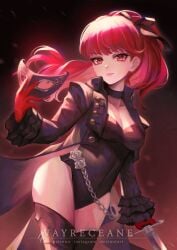 1girls black_jacket black_leotard breasts choker cropped_jacket hair_ribbon holding_mask holding_sword jacket kasumi_yoshizawa leotard looking_at_viewer mask medium_breasts persona persona_5 ponytail red_eyes red_hair sword thighhighs vayreceane