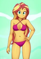 belly_button big_breasts bikini bikini_bottom bikini_top blonde_hair breasts breasts curled_hair cyan_eyes equestria_girls hips looking_at_viewer looking_at_you my_little_pony navel red_hair summer sunset_shimmer thighs triplestabber two-tone_hair yellow_body