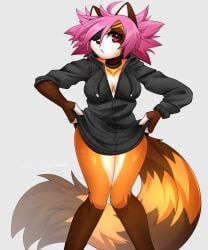 ailurid anthro breasts brown_body brown_fur clothed clothed_anthro clothed_female clothing eye_patch eyewear female fur hair hi_res kassidi_(moonfluffmf) looking_at_viewer mammal moonfluffmf orange_body orange_fur partially_clothed pink_hair red_eyes red_panda solo undressing undressing_self white_body white_fur