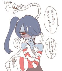 adramskodorogurusomuae ambiguous_gender blue_hair blue_skin blush cum cum_in_hair cum_on_face dragon female frown hair hair_over_eye japanese_text leviathan_(skullgirls) pomf red_eyes skullgirls solo_focus speech_bubble squigly stitches sweat text translation_request undead zombie