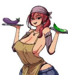 apron artist_request black_eyes character_request cleavage eggplant large_breasts milf nipple_bulge pickle pixel_art ponytail red_hair revealing_clothes seductive_look serving_tray small_image transparent_background waitress