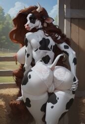 ai_generated ass ass_focus ass_grab big_ass big_breasts bovine breedable cameltoe cow farm female female_anthro furry long_hair nipple_piercing nipple_rings pussy sanyasralker thin_waist