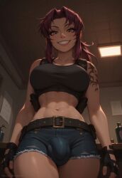 abs ai_generated belt black_lagoon breasts bulge bulge_through_clothing denim denim_bottomwear denim_clothing denim_shorts female futa_only futanari gloves grin gun_holster holster huge_breasts huge_cock looking_down low-angle_view muscular navel ponytail purple_hair revy shorts smile smiling_at_viewer tank_top tattoo velonix