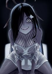 1girl black_eyes black_hair cowgirl_position crazy_smile dress female fishnet_top fishnets ghost gorgenzolla hair_over_one_eye heart heart-shaped_pupils highres indoors long_hair looking_at_viewer looking_back male mercy_modiste open_mouth penis pov see-through_clothes sex solo_focus straddling straight symbol-shaped_pupils teeth tongue vallure virtual_youtuber white_dress yandere