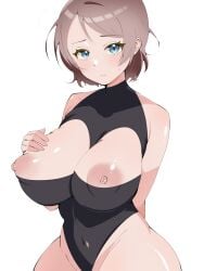 ass blue_eyes blush breasts brown_hair covered_navel female large_breasts looking_at_viewer love_live! love_live!_sunshine!! navel nipples short_hair simple_background solo thighs watanabe_you