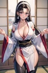 black_hair breasts chizuru_kagura female_only hairband huge_breasts king_of_fighters large_breasts long_hair pale-skinned_female pale_skin snk voluptuous_female