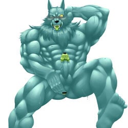 abs akuann anus ass balls biceps big_muscles blush canine colored dilgear dilgear_(character) erection fangs fingering fur green_tongue hand_behind_head male male_only mammal muscular nude one_eye_closed open_mouth pecs penis simple_background slayers solo sweat teeth tongue vein white_background yellow_sclera