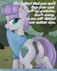 2016 anatomically_correct anatomically_correct_pussy animal_genitalia animal_pussy anus ass cutie_mark dialogue earth_pony english_text equine equine_pussy female feral friendship_is_magic hair half-closed_eyes horse mammal maud_pie maud_pie_(mlp) my_little_pony outside patreon pony purple_hair pussy solo stradivarius text tree