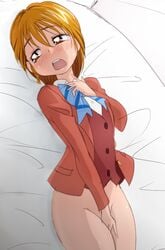 bed_sheet blush bottomless bow bowtie brown_eyes brown_hair clothed_masturbation clothing female futari_wa_precure lying manji_(tenketsu) masturbation misumi_nagisa on_back open_mouth precure pretty_cure school_uniform short_hair sketch