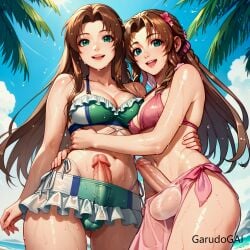 aerith_gainsborough ai_generated beach brown_hair embracing final_fantasy final_fantasy_vii futanari garudogai ifalna large_penis long_hair looking_at_viewer medium_breasts mother mother_and_daughter smiling swimsuit