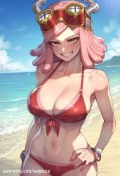 ai_generated beach big_ass big_breasts big_butt big_thighs bikini blush boku_no_hero_academia breasts cleavage female female_focus female_only huge_ass huge_butt huge_thighs medium_breasts mei_hatsume my_hero_academia outdoors pink_hair swimsuit wanuze wide_hips yellow_eyes