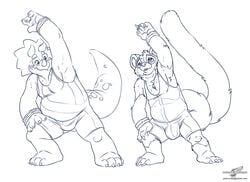 anthro barefoot bulge clothing dinosaur duo exercise eyewear frill front_view glasses horn line_art male male_only mammal monochrome musclegut olinguito olly overweight parker_the_triceratops raised_arm scalie shirt signature sweat triceratops wolfblade wrestling_singlet