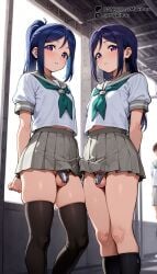 2boys 2girls ai_generated aqua_neckerchief arms_behind_back black_socks black_thighhighs blue_hair blush bulge closed_mouth crossdressing erection erection_under_clothes feet_out_of_frame futanari green_neckerchief grey_sailor_collar grey_skirt indoors kneehighs long_hair looking_at_viewer love_live! love_live!_sunshine!! male_focus matsuura_kanan midriff_peek miniskirt multiple_boys multiple_girls mykibuu neckerchief otoko_no_ko parted_bangs penis penises_touching pleated_skirt ponytail purple_eyes purple_hair sailor_collar school_uniform serafuku shirt short_sleeves sidelocks skindentation skirt socks standing sweat testicles thighhighs thighs uranohoshi_school_uniform white_shirt yaoi