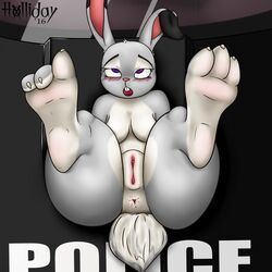 2016 anus ass blush breasts clitoris disney eyelashes feet female fur grey_fur hi_res holliday_(artist) judy_hopps lagomorph mammal medium_breasts police_car presenting purple_eyes pussy rabbit zootopia