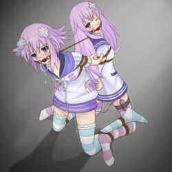 2girls arms_behind_back ball_gag blush bondage bound bound_together d-pad femsub femuto gag hair_ornament linked_collar long_hair looking_at_viewer multiple_girls multiple_subs nepgear neptune_(neptunia) neptunia_(series) open_mouth purple_eyes purple_hair restrained rope saliva short_hair striped striped_legwear tied_up trembling vibrator