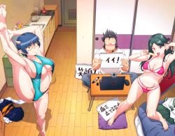 1boy 2girls aqua_one-piece_swimsuit armpits bikini black_hair blue_eyes blue_hair blunt_bangs breasts cleavage clothing_cutout computer demon_girl demon_horns food food_on_body food_on_breasts frown glass green_hair highres holding holding_notebook horns indoors laptop large_breasts level_1_demon_lord_and_one_room_hero long_hair maou_(level_1_demon_lord_and_one_room_hero) max_(level_1_demon_lord_and_one_room_hero) multi-strapped_bikini_bottom multi-strapped_bikini_top multiple_girls navel navel_cutout necktie notebook official_art one-piece_swimsuit orange-framed_eyewear orange_necktie pink_bikini pointy_ears popsicle purple_eyes short_hair skirt split standing standing_on_one_leg standing_split swimsuit tongue tongue_out underboob unworn_necktie unworn_shirt unworn_skirt unworn_swimsuit watanabe_yoshihiro wooden_floor zenia_(level_1_demon_lord_and_one_room_hero)