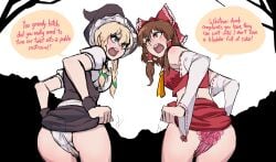 2girls absurdres ass ass_focus biku black_hat blonde_hair blue_eyes blush braid breasts brown_eyes brown_hair clothes_lift crop_top detached_sleeves dress dress_lift english_text female female_only from_behind hair_ribbon hakurei_reimu hat have_to_pee highres kirisame_marisa lace lace_panties lifting_own_clothes looking_at_another matching_hair/eyes medium_breasts multiple_girls open_mouth outdoors panties red_panties red_shirt ribbon shirt simple_background skirt skirt_lift speech_bubble stained_panties sweat text touhou underwear wet wet_panties white_panties wide_sleeves witch_hat wristband